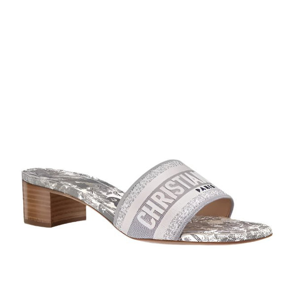 Dior Dway Heeled Slide Gray Toile De Jouy Embroidered - BEAUTY BAR